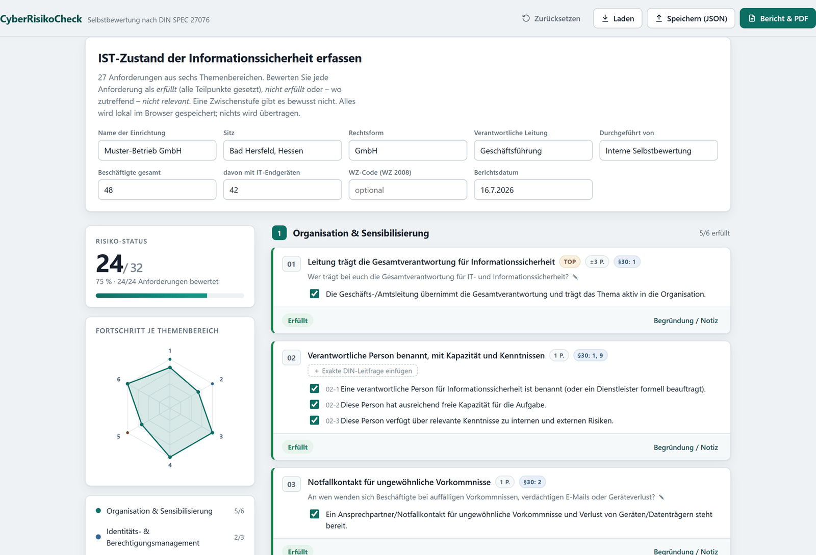 Bewertungsoberfläche des CyberRisikoCheck mit Fortschritts-Radar, Live-Risiko-Status und den Anforderungen je Themenbereich